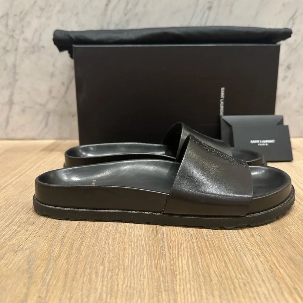 Saint Laurent Maine Liscio Black Leather Slide Sandals - Picture 5 of 12